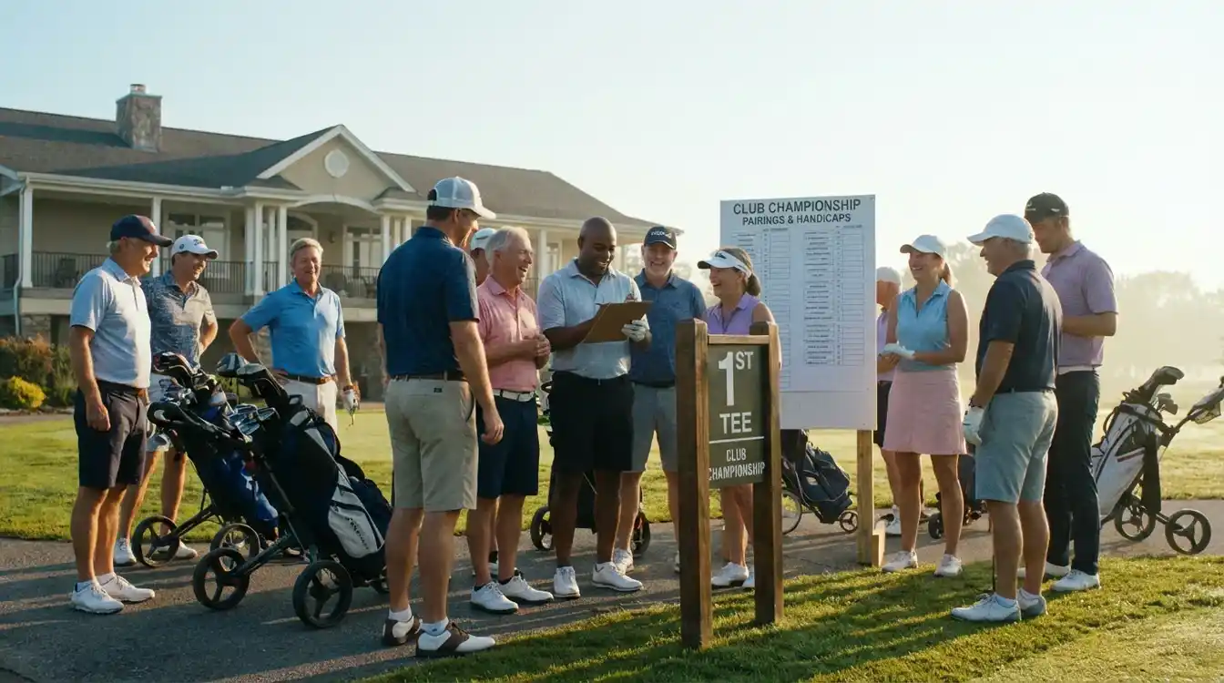 Golfers verzamelen bij de eerste tee voor aanvang van een clubwedstrijd
