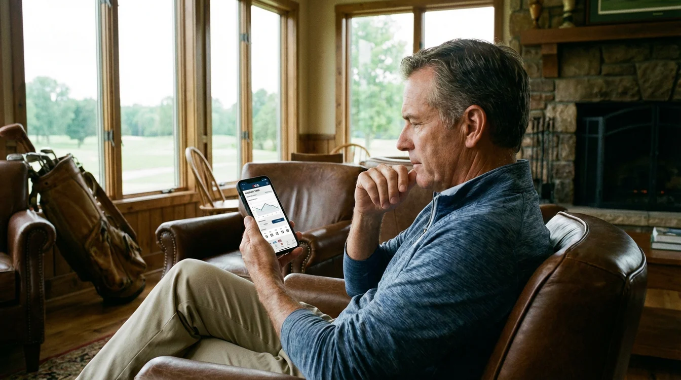 Golfer bekijkt zijn handicap statistieken op een smartphone