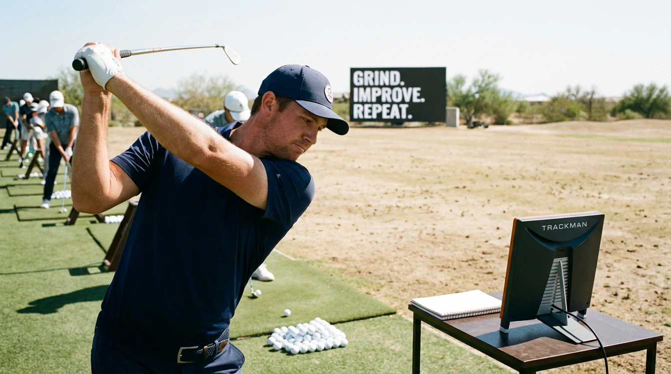Golfer oefent op de driving range om zijn spel te verbeteren