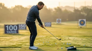 Golfer oefent geconcentreerd op de driving range