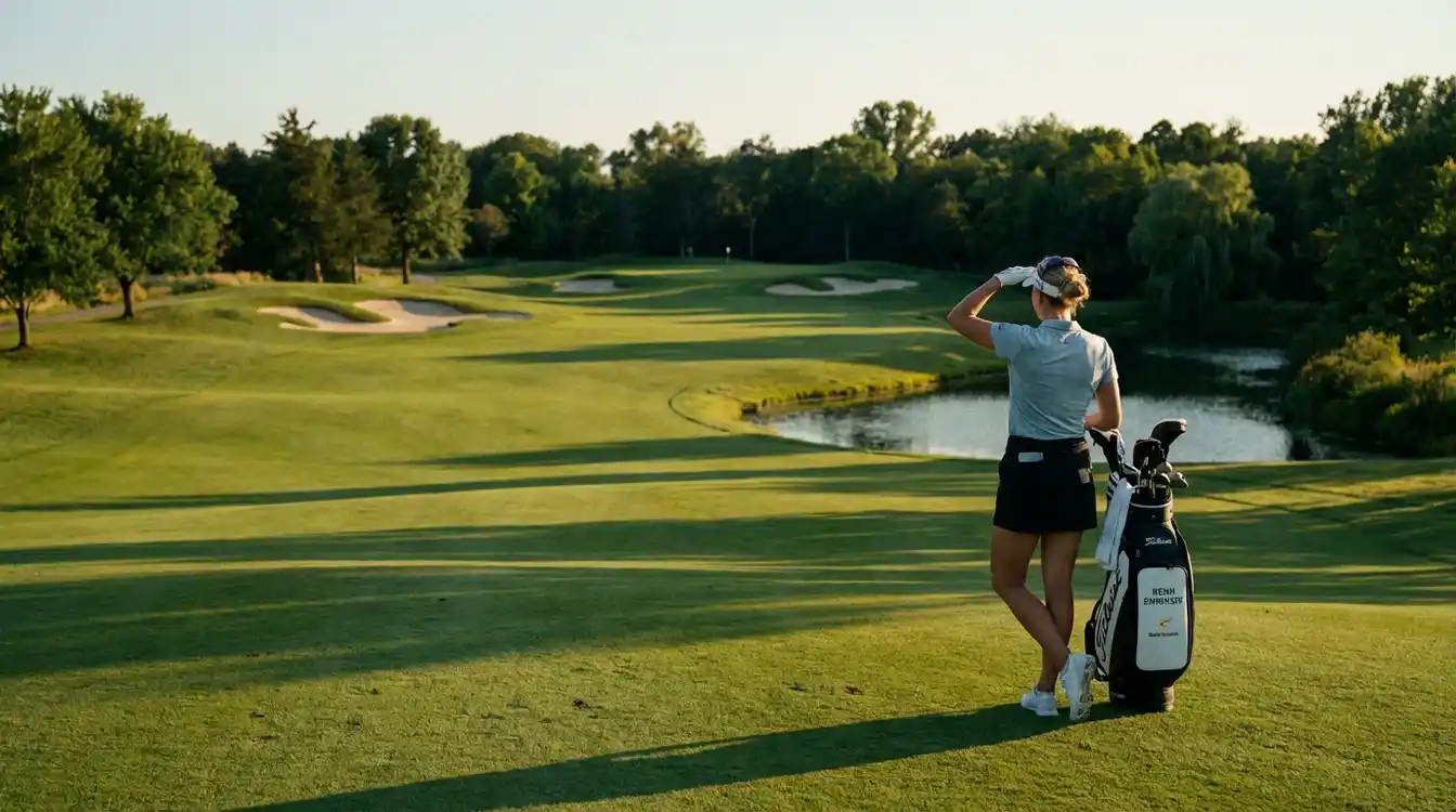 Golfer bekijkt de baan en plant zijn strategie voor de volgende slag