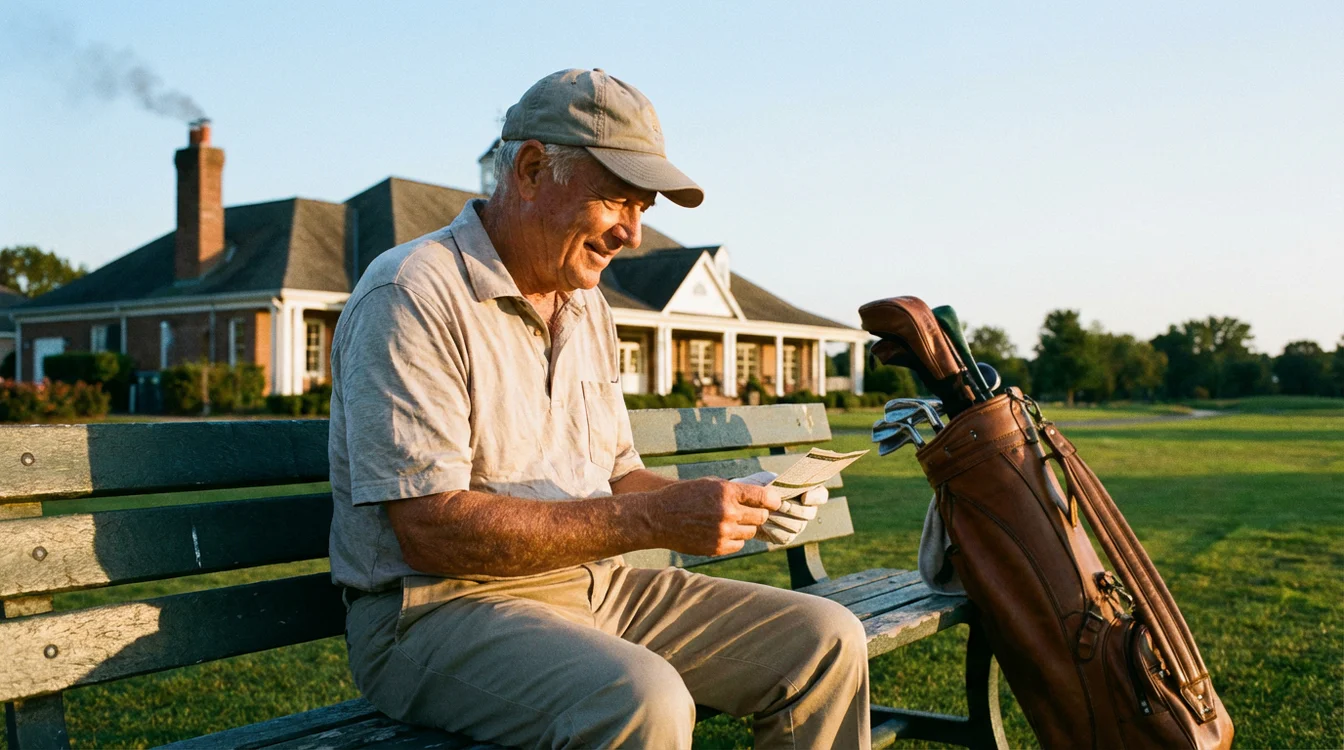 Golfer kijkt tevreden naar zijn scorekaart na een goede ronde