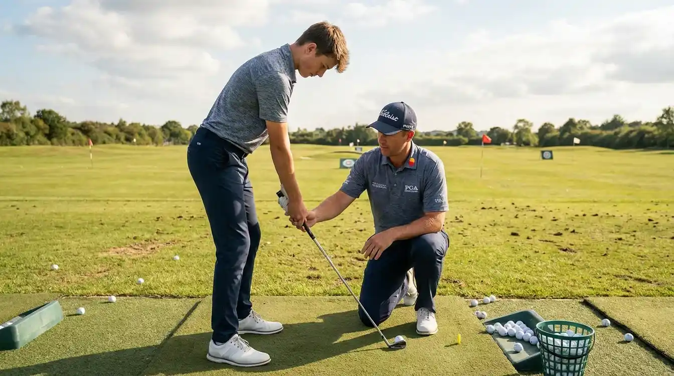 Golfer werkt aan zijn techniek met een golfprofessional