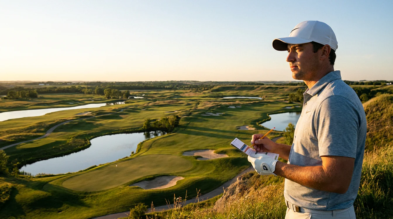 Golfer analyseert de baan layout met scorekaart in hand