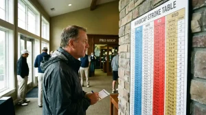 Golfer bestudeert de handicapslagentabel aan de muur van het clubhuis
