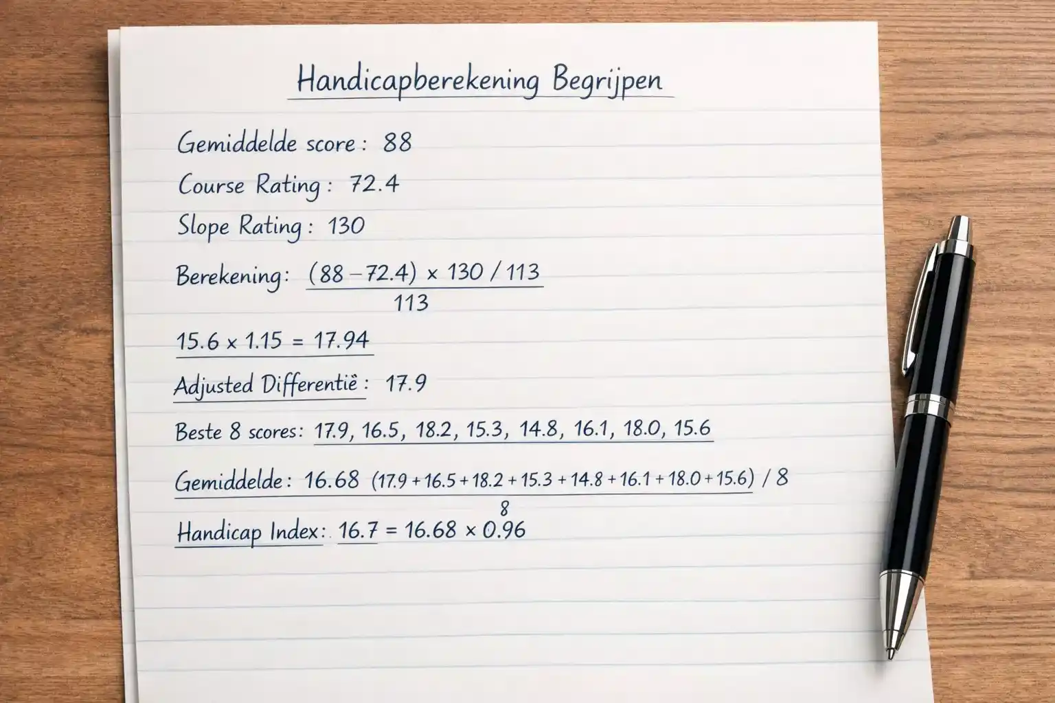Close-up van een handicap berekening op papier