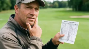Golfer met vragende blik bekijkt zijn scorekaart