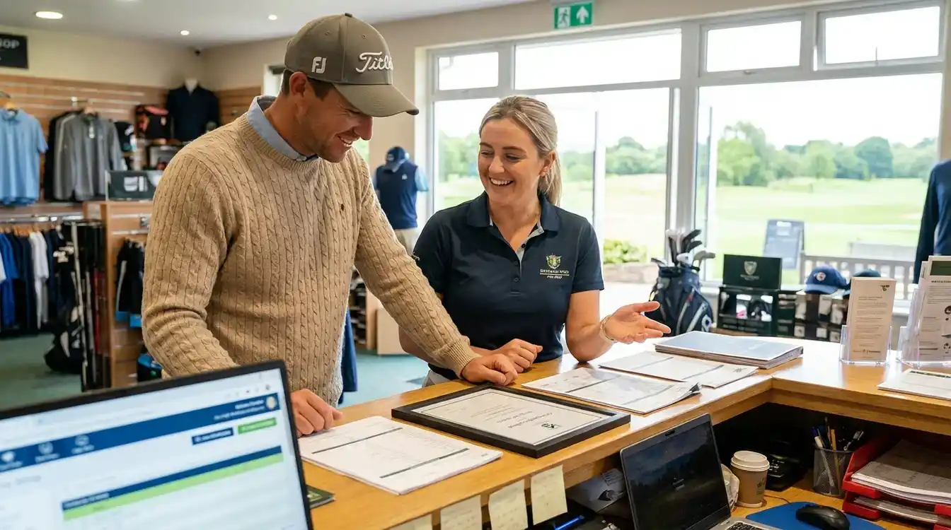 Golfer bespreekt handicapregels met een clubmedewerker