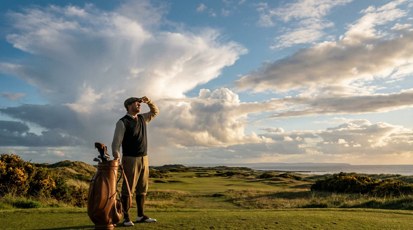 Golfer bekijkt de weersomstandigheden voor aanvang van de ronde