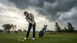 Golfer speelt een slag in uitdagende weersomstandigheden met wind en bewolking