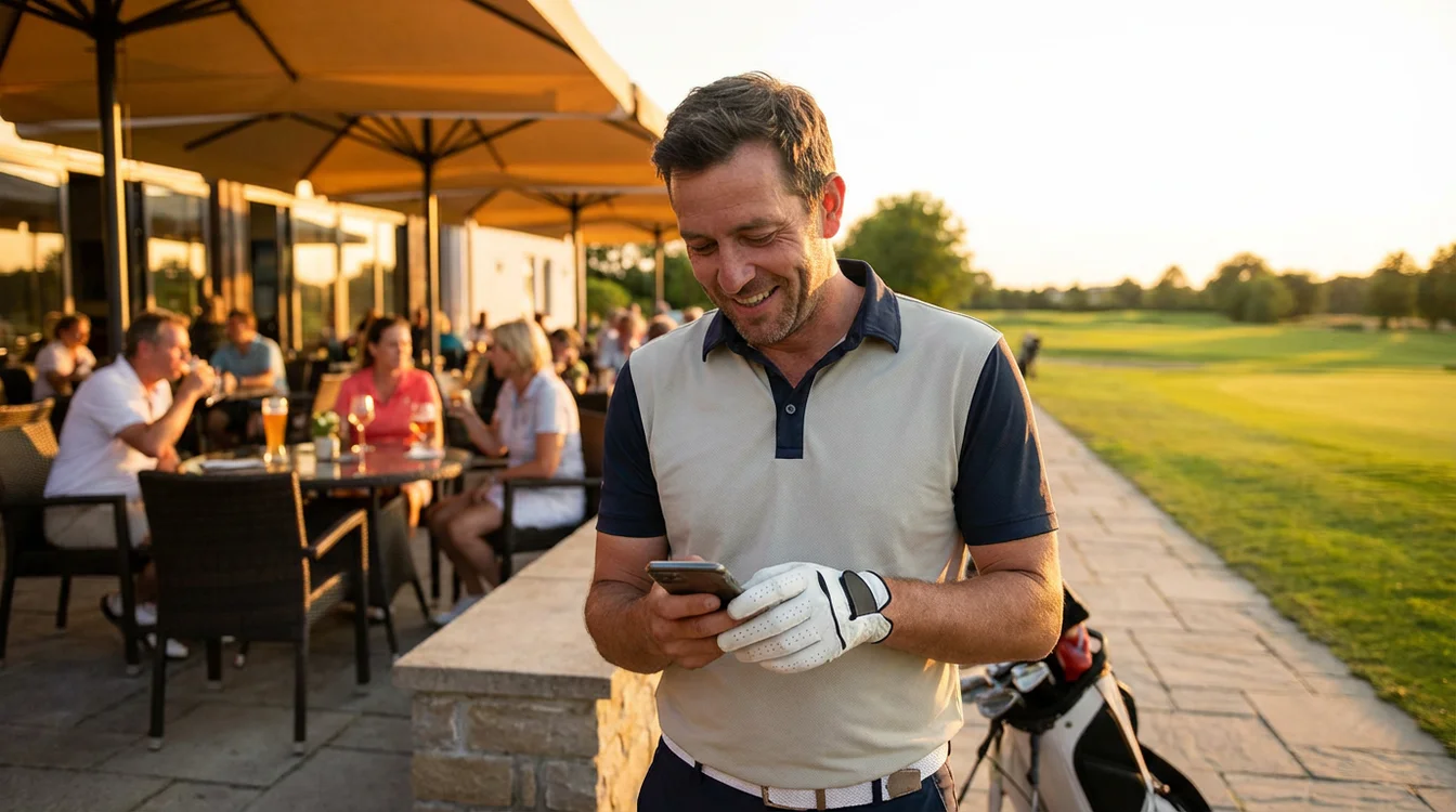 Golfer voert direct na de ronde zijn score in op smartphone bij het clubhuis