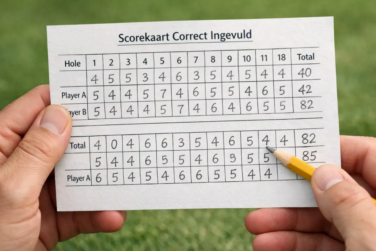 Close-up van een ingevulde golf scorekaart met potlood