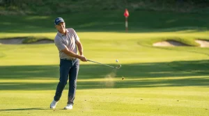 Ervaren golfer speelt een precieze ijzerslag op de fairway