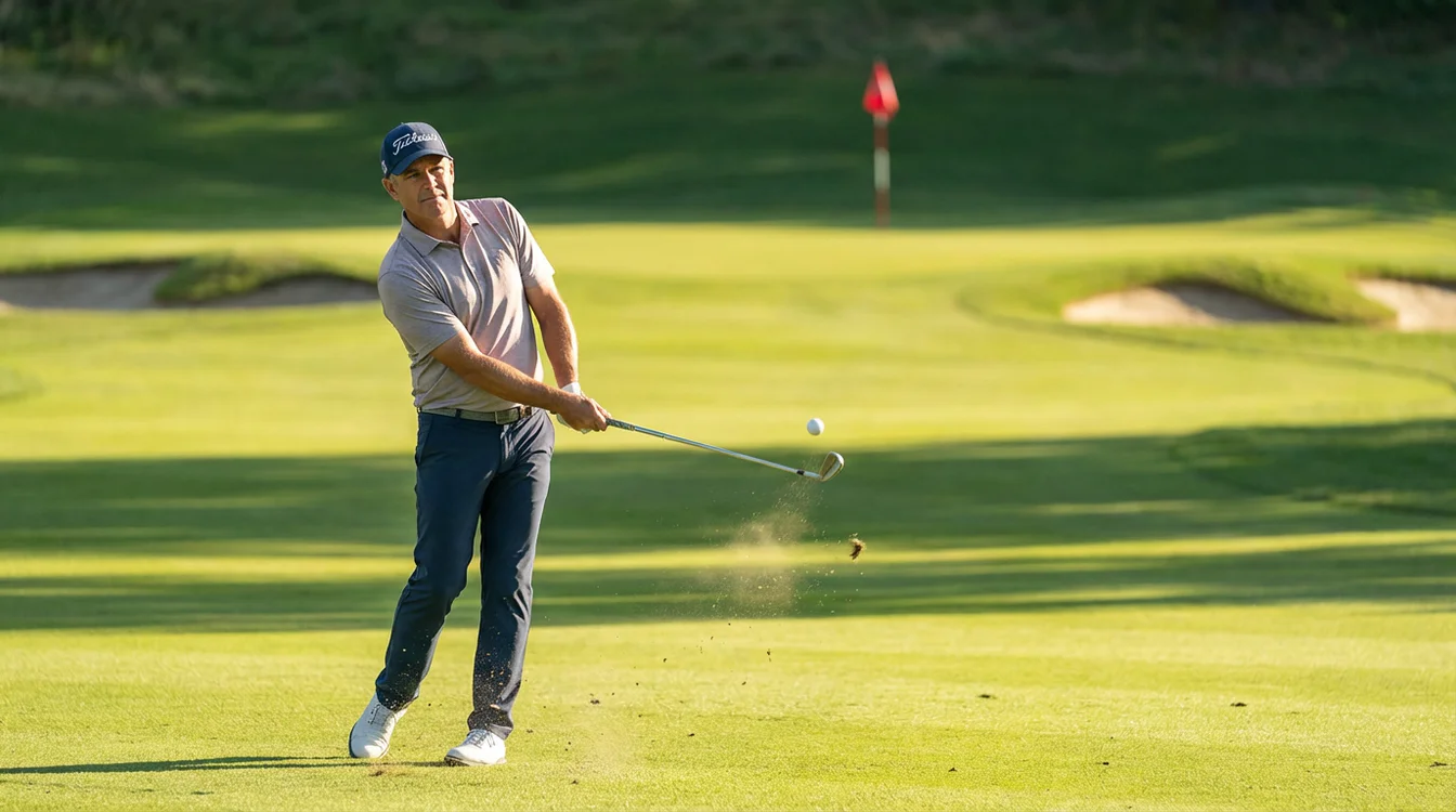 Ervaren golfer speelt een precieze ijzerslag op de fairway