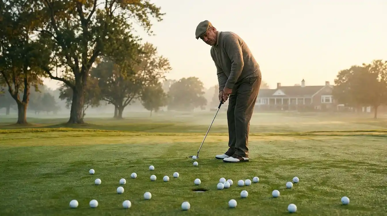 Golfer oefent geconcentreerd op de putting green