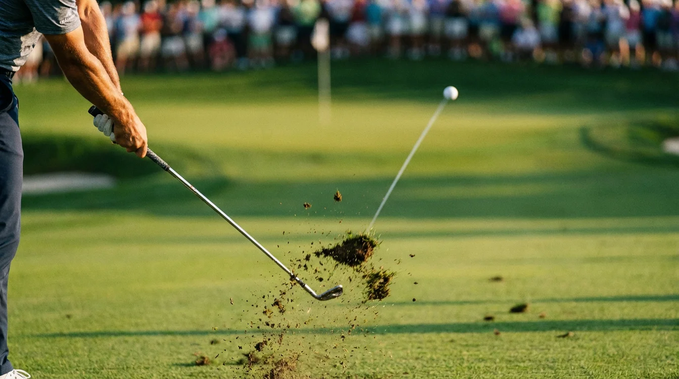 Close-up van een golfer die een nauwkeurige approach slag uitvoert