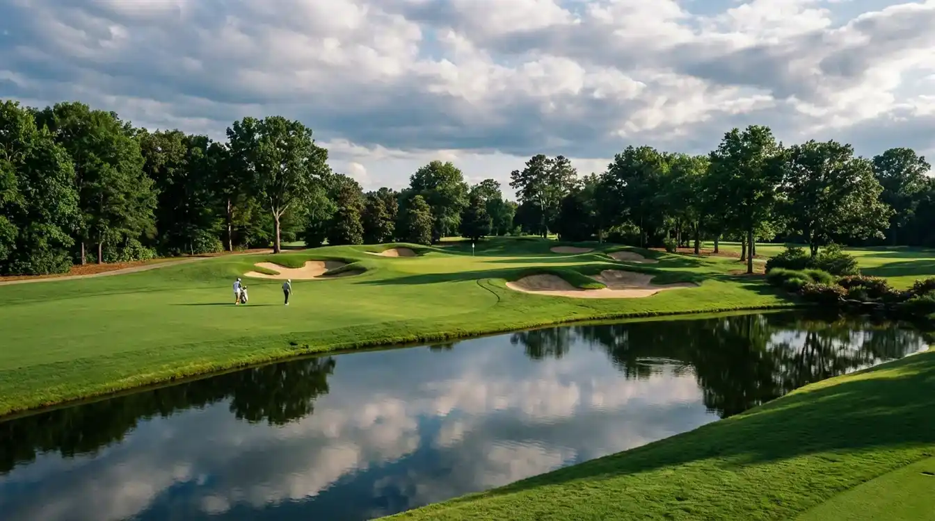 Golfhole met waterhindernis en diepe bunkers rond de green