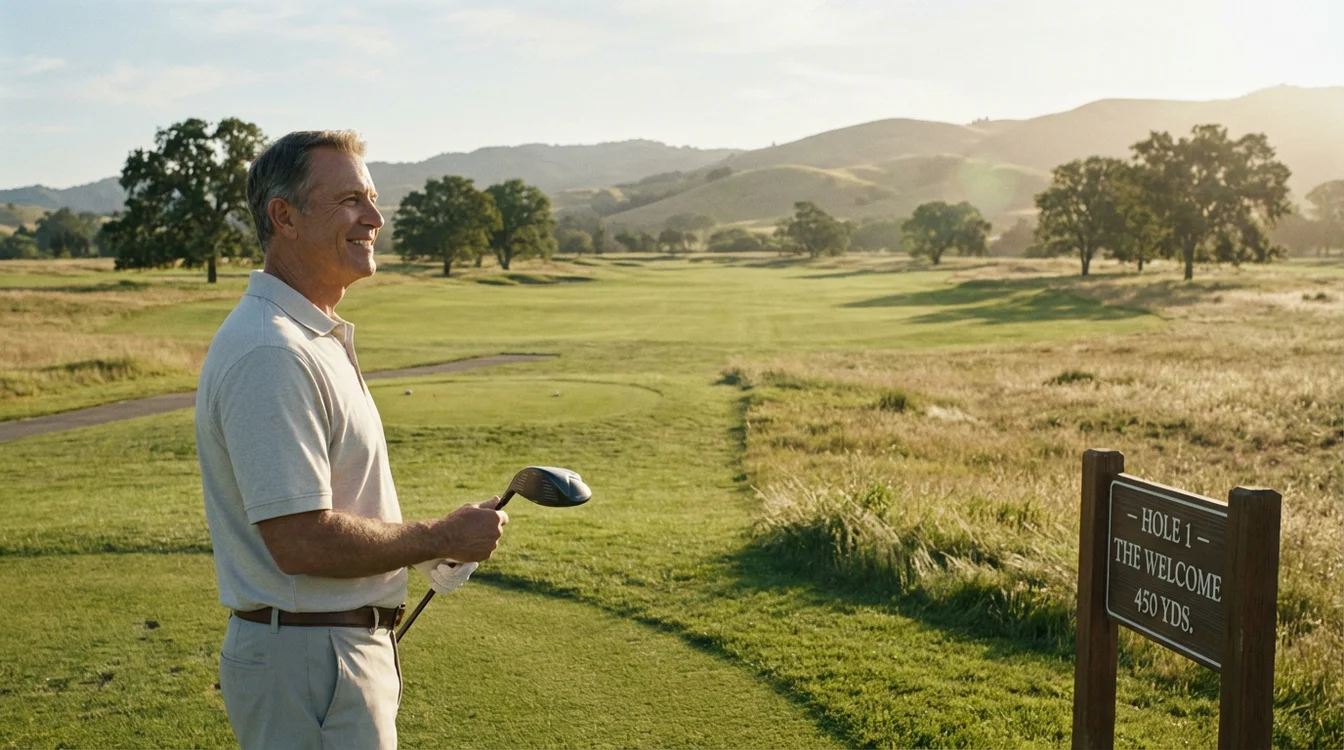 Golfer staat bij de eerste tee en kijkt uit over een open, toegankelijke golfbaan