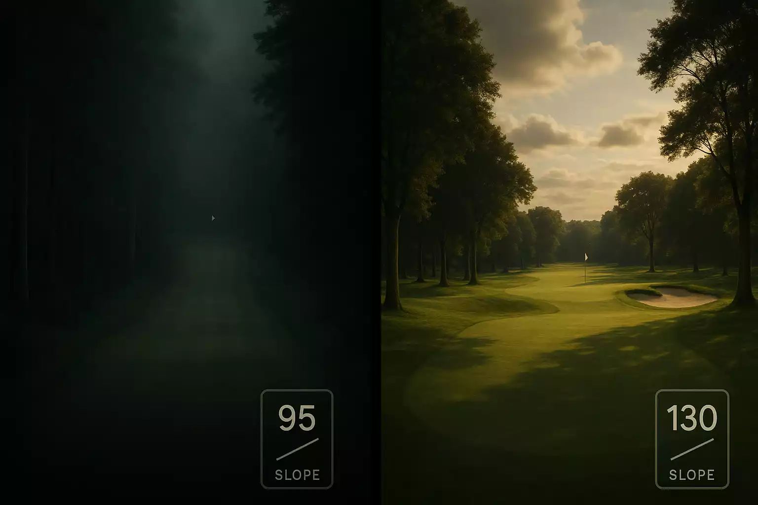 Split-screen vergelijking van dezelfde golfhole vanuit twee perspectieven: hoge slope rating intimiderend versus standaard 113 referentie