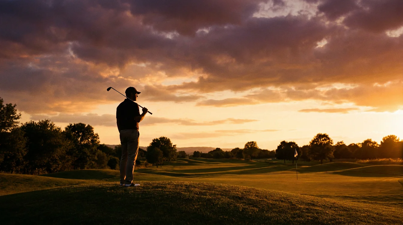 Golfer kijkt peinzend uit over de golfbaan bij zonsondergang
