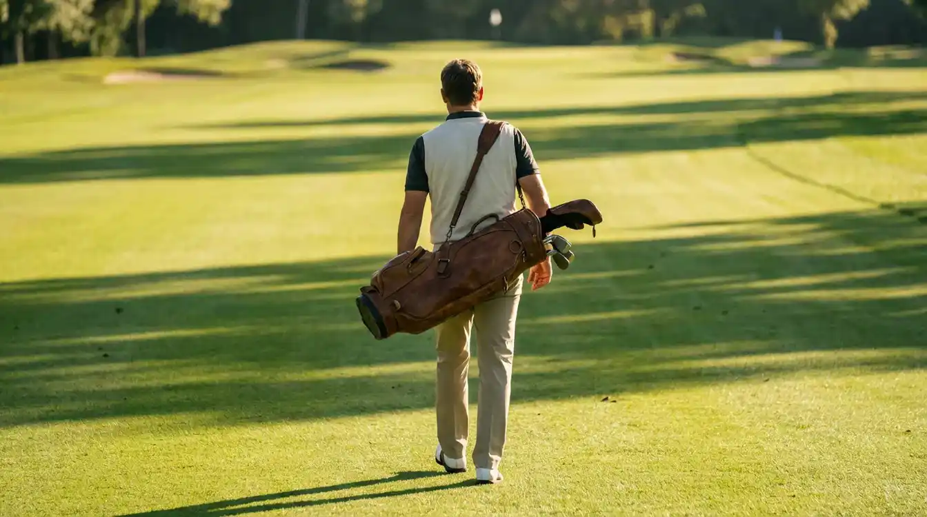 Golfer loopt vol vertrouwen de fairway op met golftas