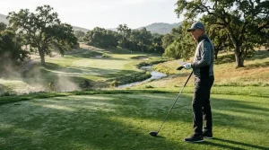 Golfer bestudeert de hole layout voor een strategische sla