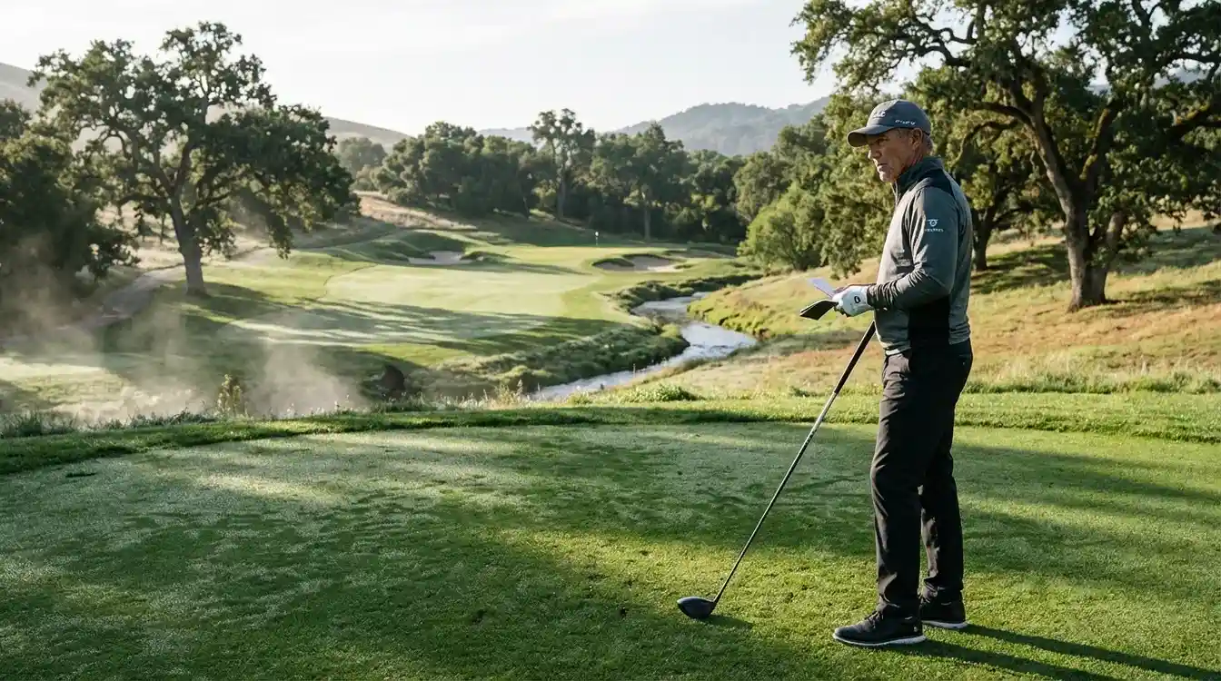 Golfer bestudeert de hole layout voor een strategische sla