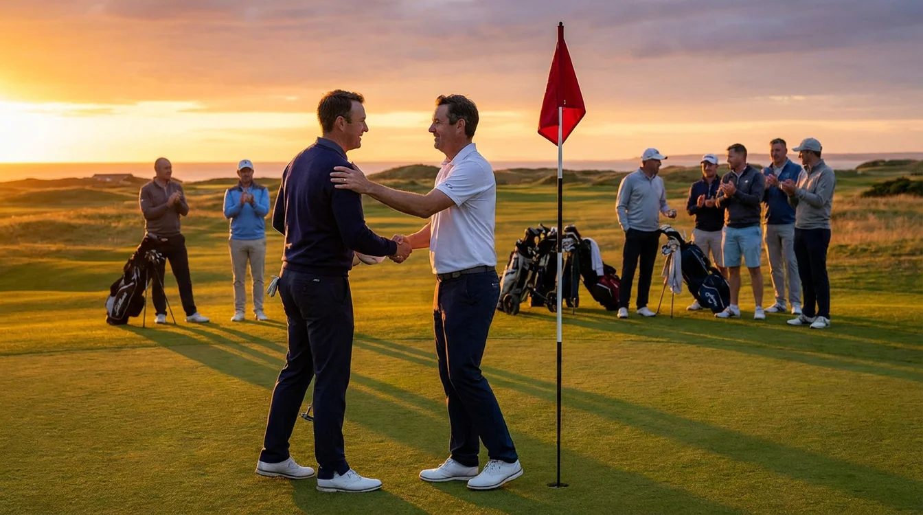 Twee golfers schudden handen na een matchplay wedstrijd