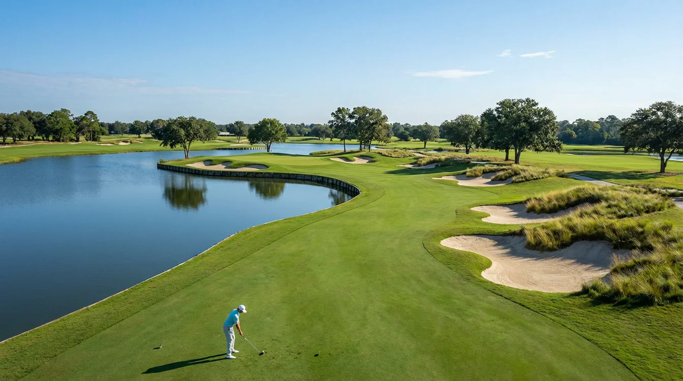 Uitdagende golfhole met water en bunkers die precisie vereisen