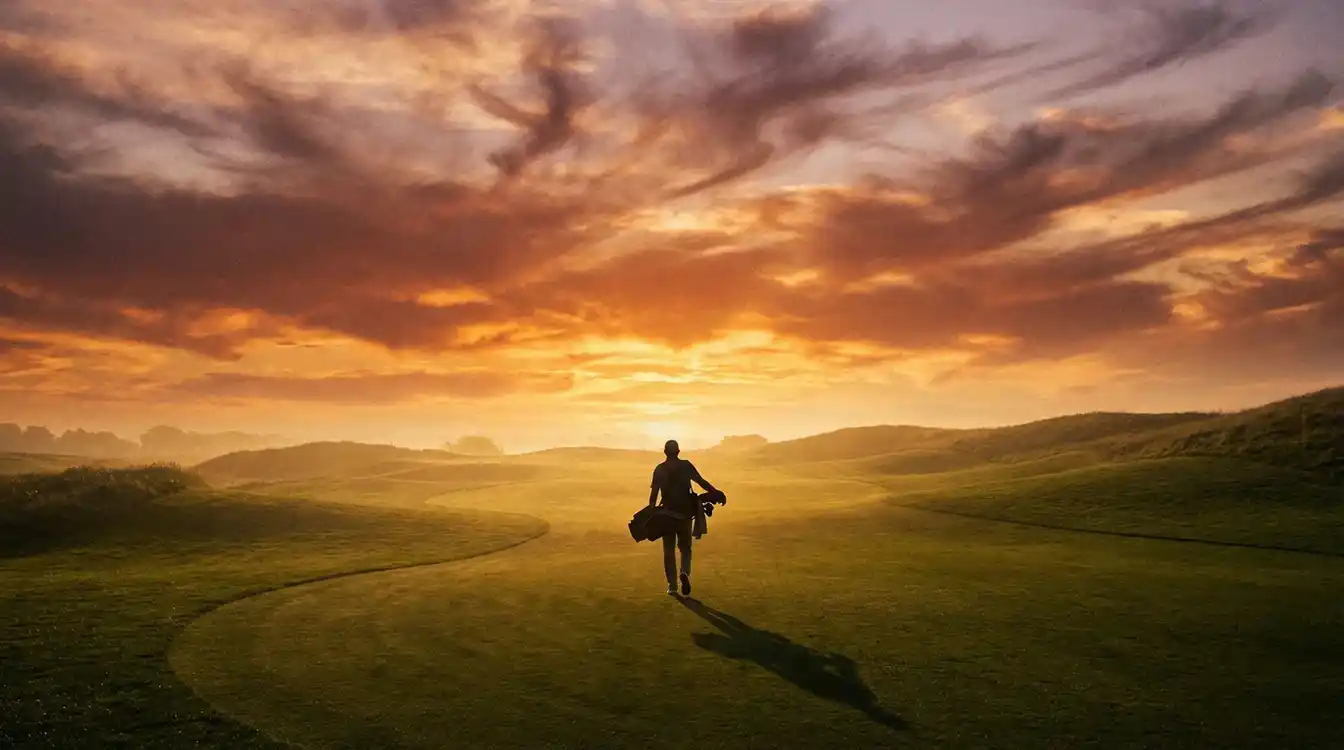 Golfer loopt bij zonsondergang over de fairway naar de horizon