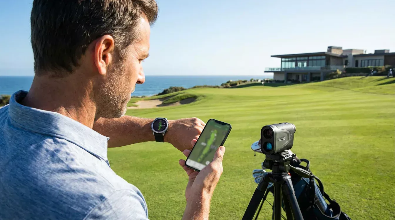 Golfer gebruikt geavanceerde golf-technologie op de baan