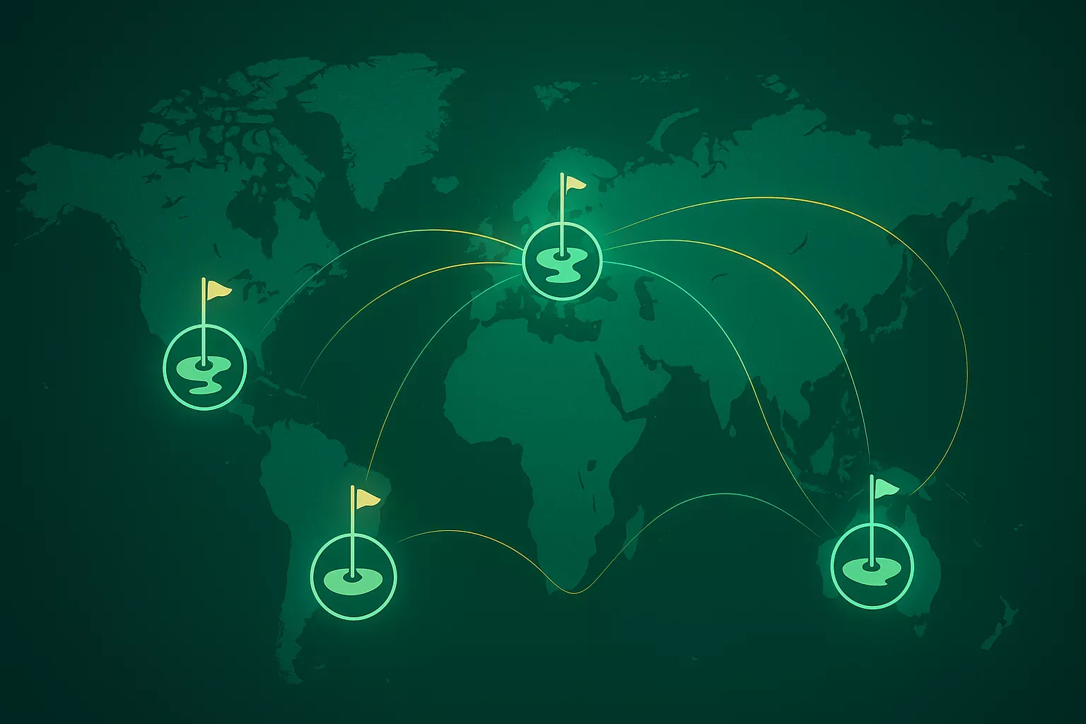 Wereldkaart visualisatie met verbonden golfbaan iconen over alle continenten die het universele Wereld Handicap Systeem symboliseren
