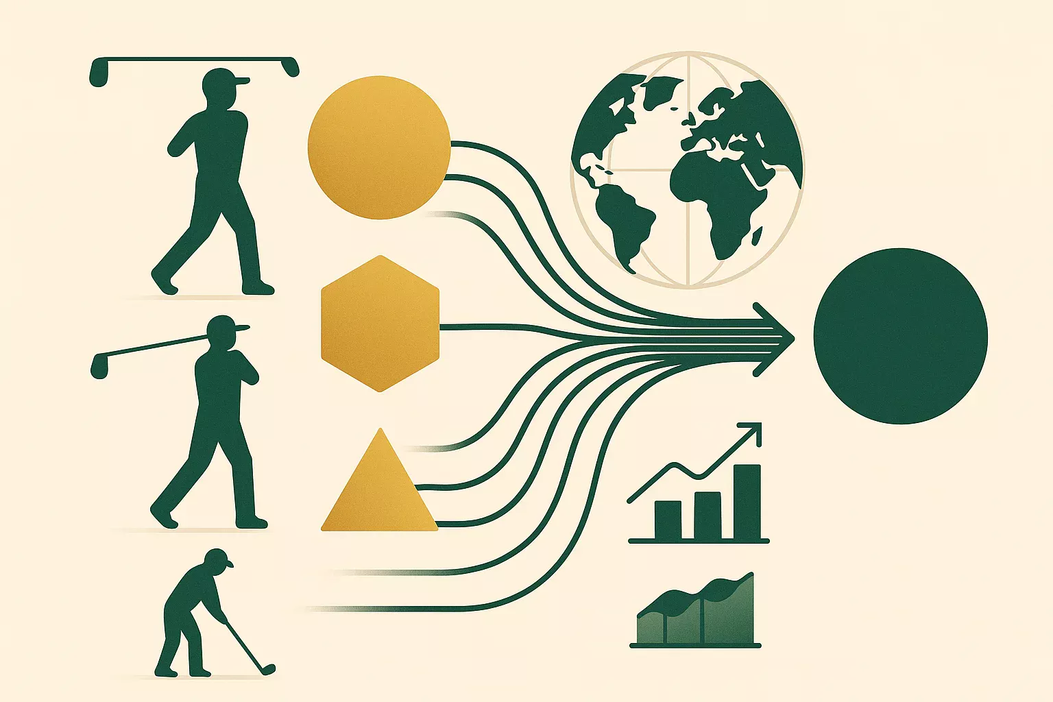 Moderne infographic die het Wereld Handicap Systeem visualiseert met abstracte geometrische vormen die scoregegevens van verschillende golfers samenbrengen tot één universeel handicapcijfer