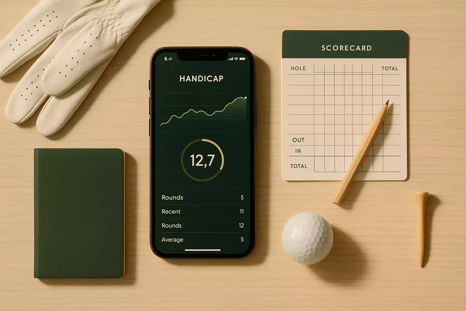 Elegante flatlay van handicap beheer essentials: smartphone met golf app, papieren scorekaart met potlood, golfhandschoen en golfbal op houten ondergrond