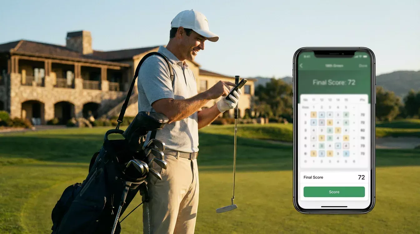 Golfer voert zijn score in op een smartphone app na een ronde