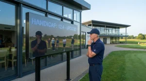 Golfer bekijkt zijn handicap op een digitaal scorebord bij een golfclub