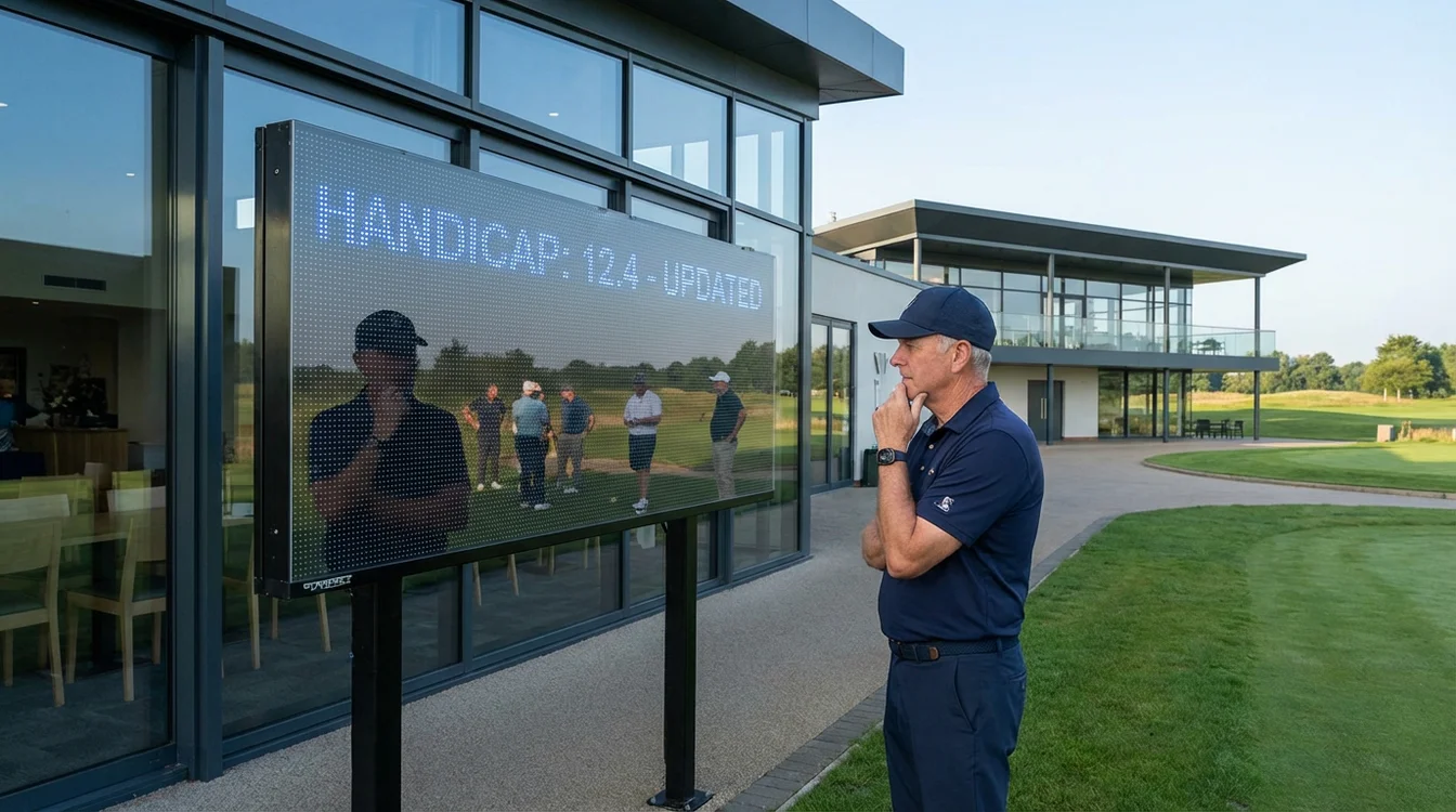 Golfer bekijkt zijn handicap op een digitaal scorebord bij een golfclub