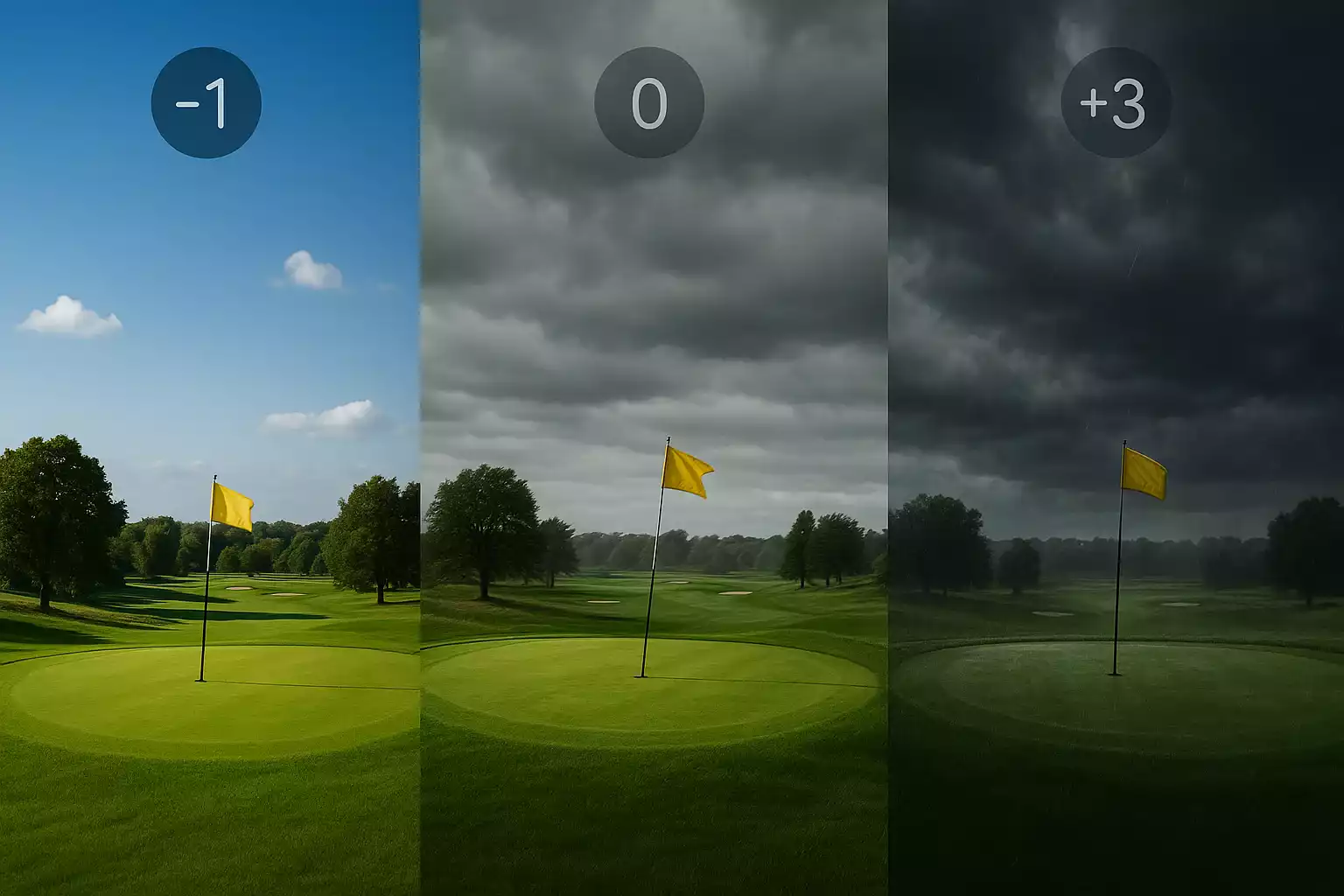 Drieluik van een golfbaan onder verschillende weersomstandigheden: zonnig, bewolkt met wind, en regenachtig, met PCC correctie-indicatoren